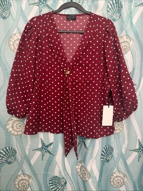 MILK & HONEY Free Wine Red Polka Dot Tie-Front Blouse NEW ARRIVAL